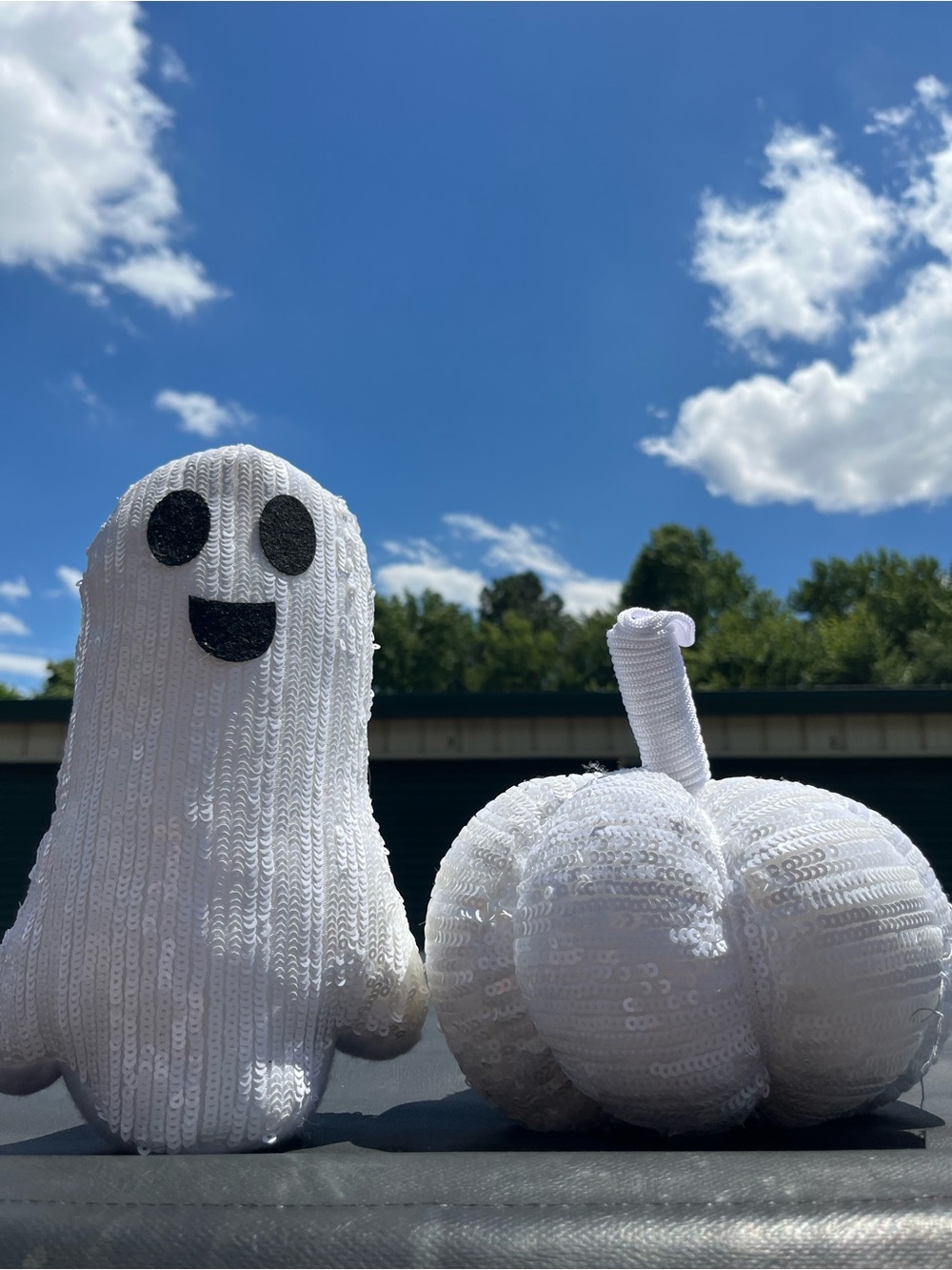 White Sequin White Ghost & Pumpkin Décor Duo